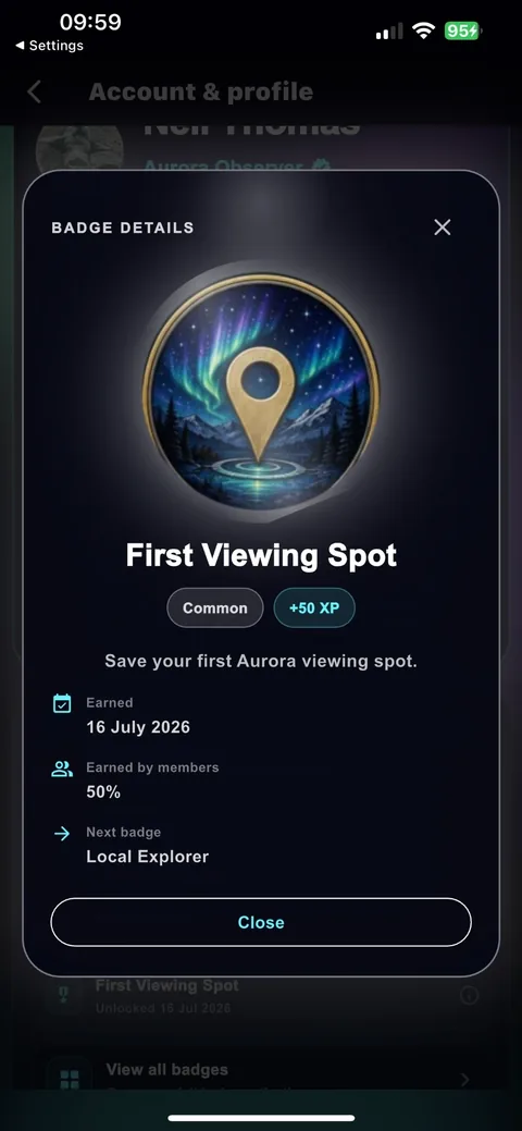 Aurora Beacon badge details and achievements screen