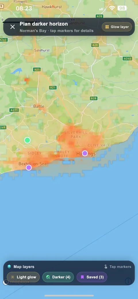 Full light pollution map showing glow and darker observing options